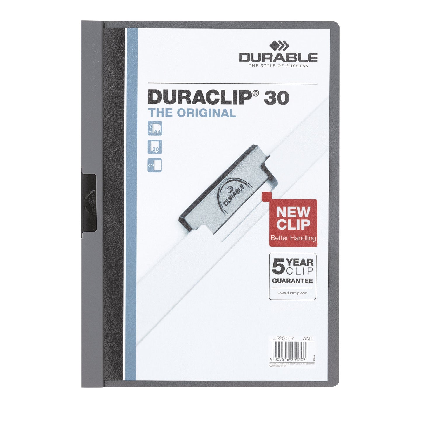 DURABLE Klemmmappe DURACLIP® 30 DIN A4 Hartfolie Farbe der Rückseite: anthrazit Farbe der Klemme: schwarz