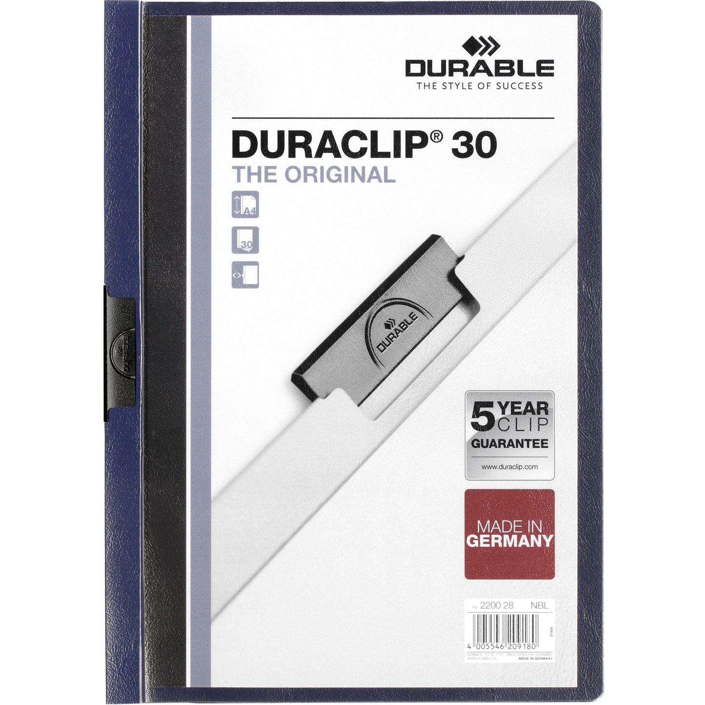 DURABLE Klemmmappe DURACLIP® 30 DIN A4 Hartfolie Farbe der Rückseite: nachtblau Farbe der Klemme: schwarz
