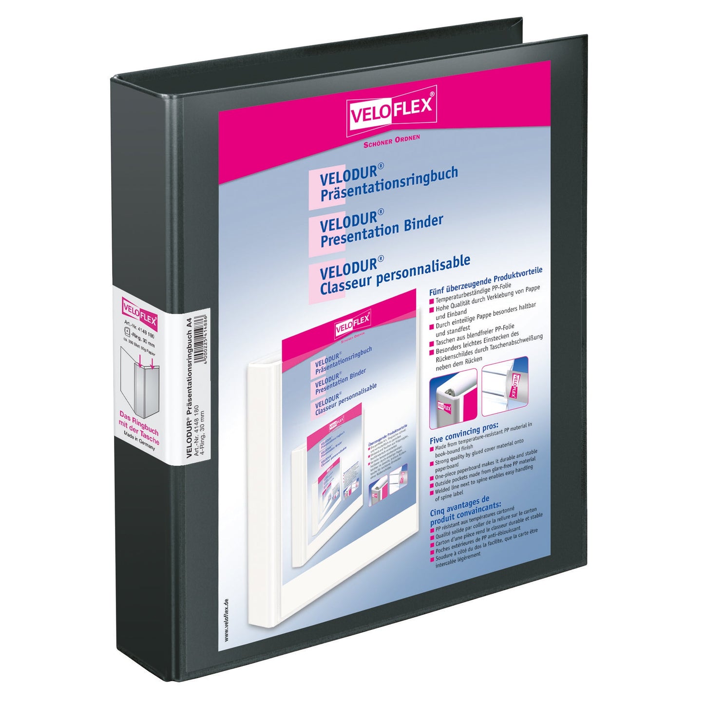 Veloflex Präsentationsringbuch VELODUR® 40mm DIN A4 2 Ringe, D-Mechanik Pappe schwarz
