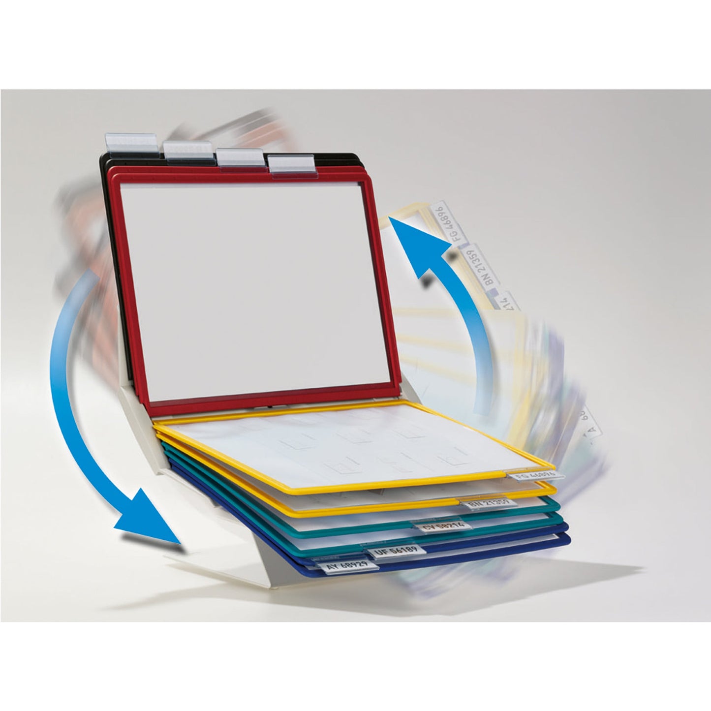 DURABLE Sichttafelständer VARIO® PRO 10 25,2 x 39,5 x 15,8 cm (B x H x T) Stahl/Polyurethan/Polyamid/Polypropylen/PVC Anzahl der mitgelieferten Sichttafeln: 10 Sichttafeln je 2 x schwarz, gelb, grün, rot, dunkelblau