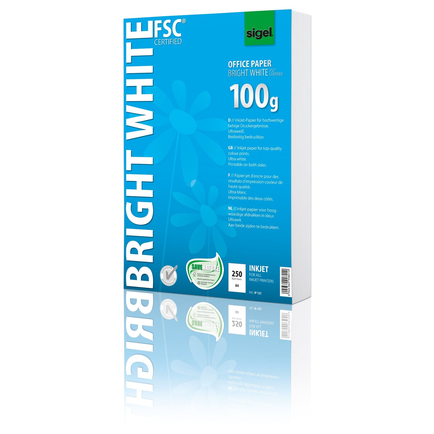 SIGEL Inkjetpapier BRIGHT WHITE DIN A4 100g/m² elementar chlorfrei gebleicht ultraweiß 250 Bl./Pack.
