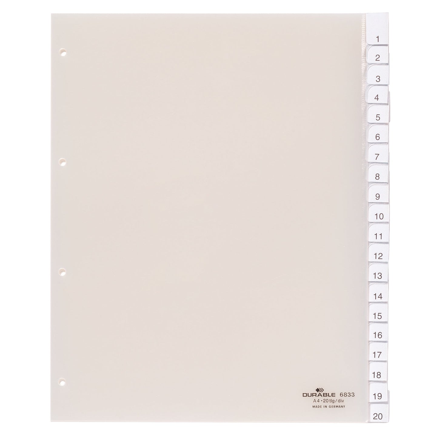 DURABLE Ordnerregister DIN A4, Überbreite blanko PVC transparent 20 Registerblätter