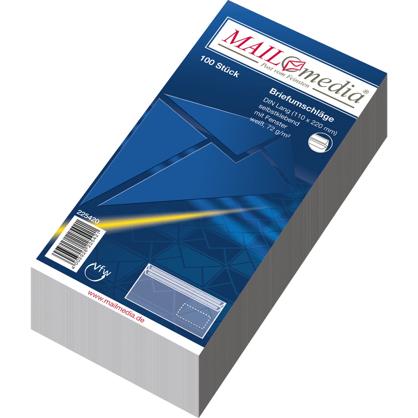 MAILmedia Briefumschlag DIN lang 220 x 110 mm (B x H) mit Selbstklebung mit Fenster 75g/m² weiß 100 St./Pack.
