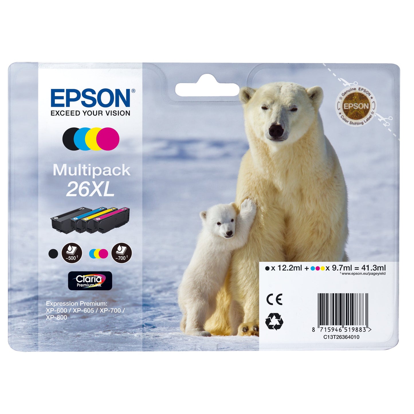 Epson Tintenpatrone Originalzubehör 26XL ca. 500 Seiten schwarz, ca. 3 x 700 Seiten farbig schwarz, mehrfarbig 4 St./Pack.