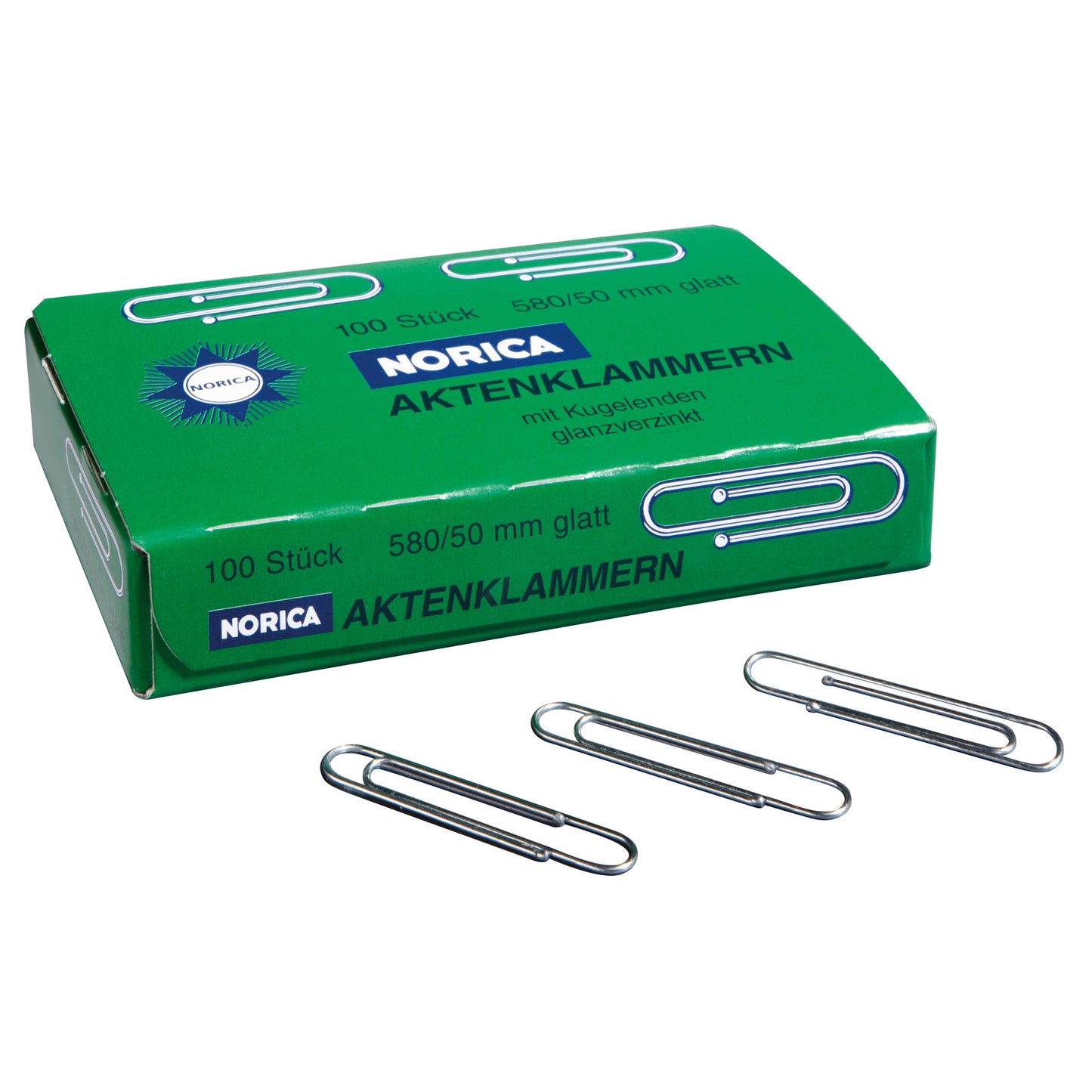 NORICA® Büroklammer glatt, runde Form, mit Kugelenden 50mm Metall, verzinkt silber 100 St./Pack.