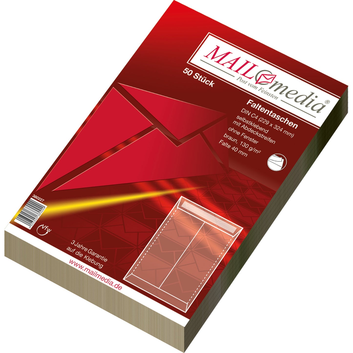 MAILmedia Faltentasche DIN C4 229 x 324 mm (B x H) ohne Fenster 125g/m² mit Haftklebung Natronpapier braun 50 St./Pack.