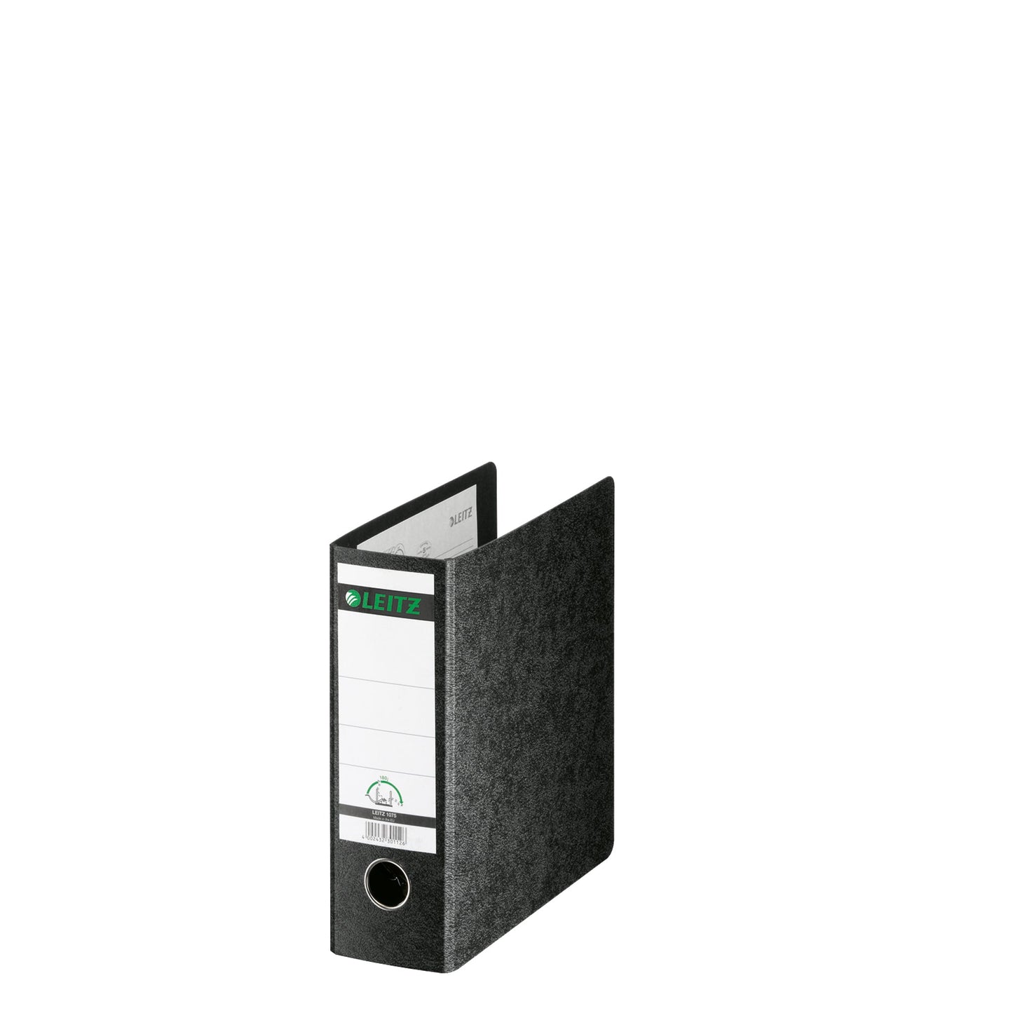 Leitz Ordner 80mm DIN A5 Rückenschild: geklebt ohne Schlitze Werkstoff: Hartpappe, recycelt Material außen: Papier Material innen: Papier schwarz