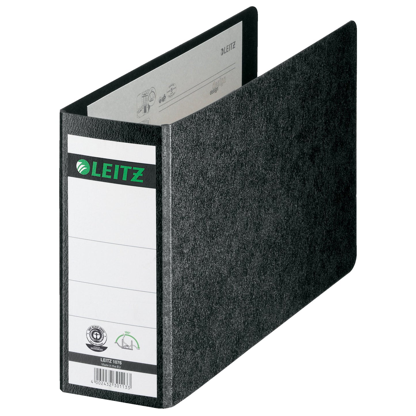 Leitz Ordner 80mm DIN A5 quer Rückenschild: geklebt ohne Schlitze Werkstoff: Hartpappe, recycelt Material außen: Papier Material innen: Papier schwarz