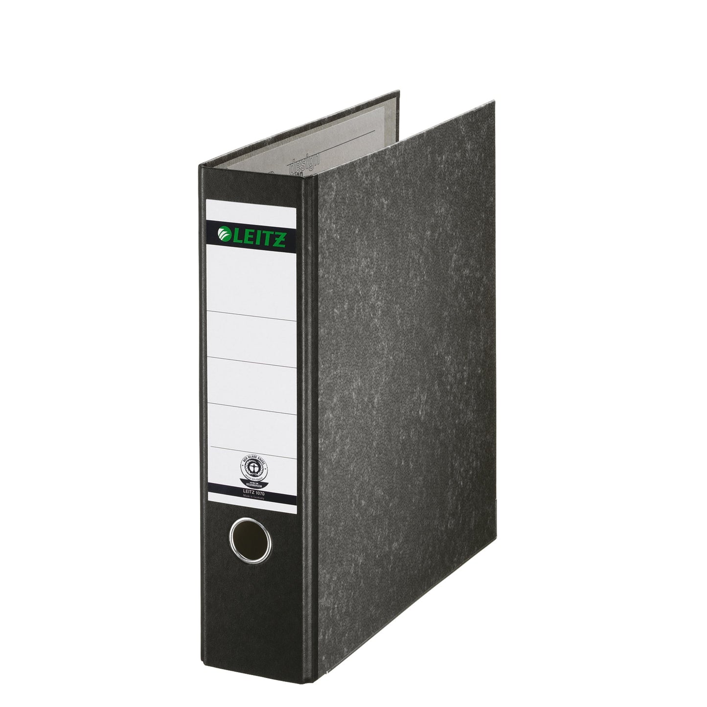 Leitz Ordner 80mm DIN A4 Rückenschild: geklebt ohne Schlitze Werkstoff: Graupappe, recycelt Material außen: Papier Material innen: Papier schwarz