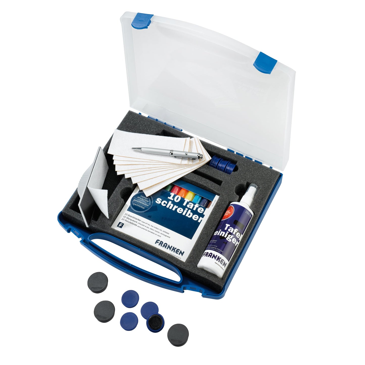 FRANKEN Starterset Magnettafel 10 x trocken abwischbare Tafelschreiber farbig sortiert, 10 x Haftmagnete Ø 32 mm, 5 x Kraftmagnete Ø 38 mm, 1 x magnetischer Tafelwischer, 10 Bl. Löschfilz, 1 x Reinigungsspray 250 ml, 1 x Laserpointer