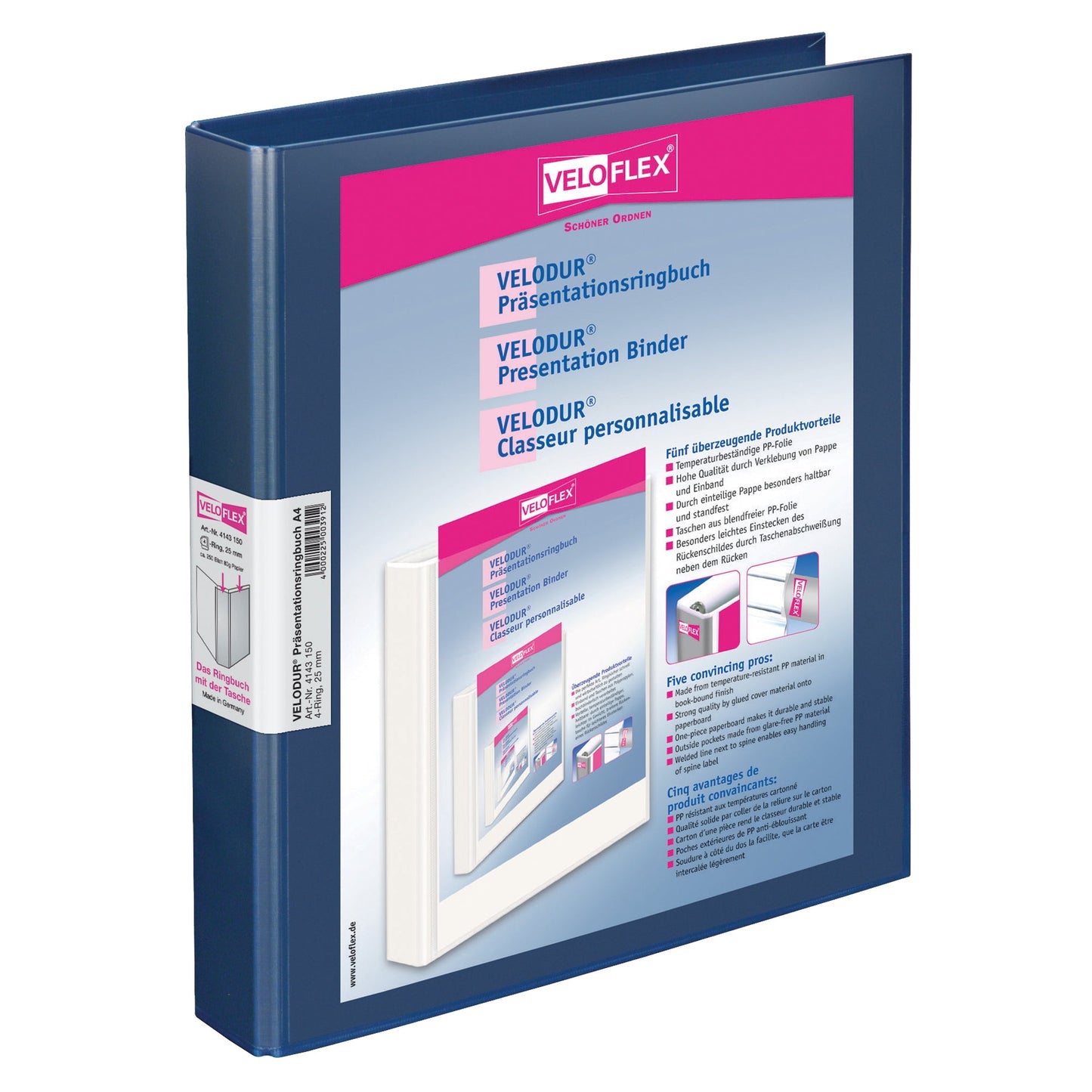 Veloflex Präsentationsringbuch VELODUR® 40mm DIN A4 4 Ringe, D-Mechanik Pappe dunkelblau