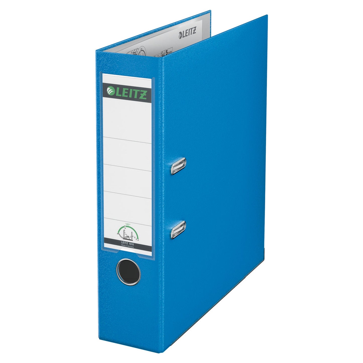 Leitz Ordner 80mm DIN A4 Rückenschild: einsteckbar mit Schlitzen Werkstoff: Graupappe, recycelt Material außen: Polypropylenfolie Material innen: Papier, PE beschichtet hellblau
