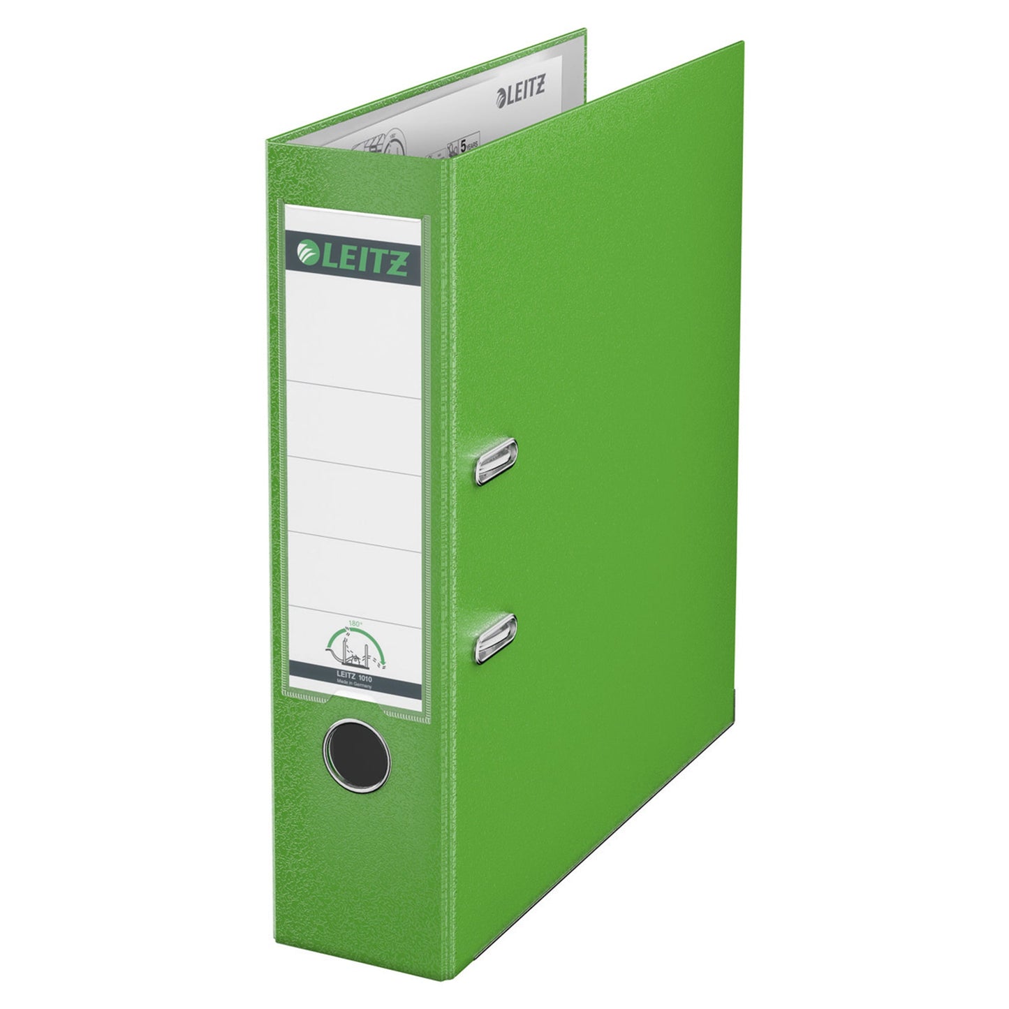 Leitz Ordner 80mm DIN A4 Rückenschild: einsteckbar mit Schlitzen Werkstoff: Graupappe, recycelt Material außen: Polypropylenfolie Material innen: Papier, PE beschichtet hellgrün