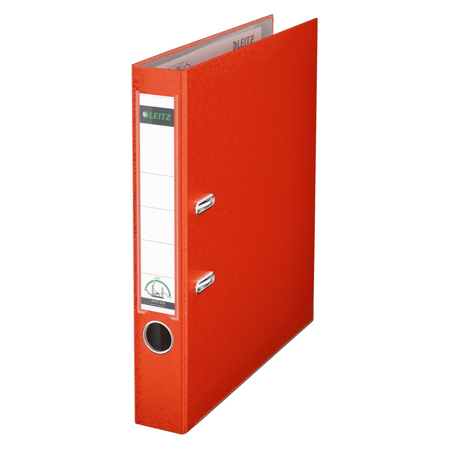 Leitz Ordner 52mm DIN A4 Rückenschild: einsteckbar mit Schlitzen Werkstoff: Graupappe, recycelt Material außen: Polypropylenfolie Material innen: Papier, PE beschichtet hellrot
