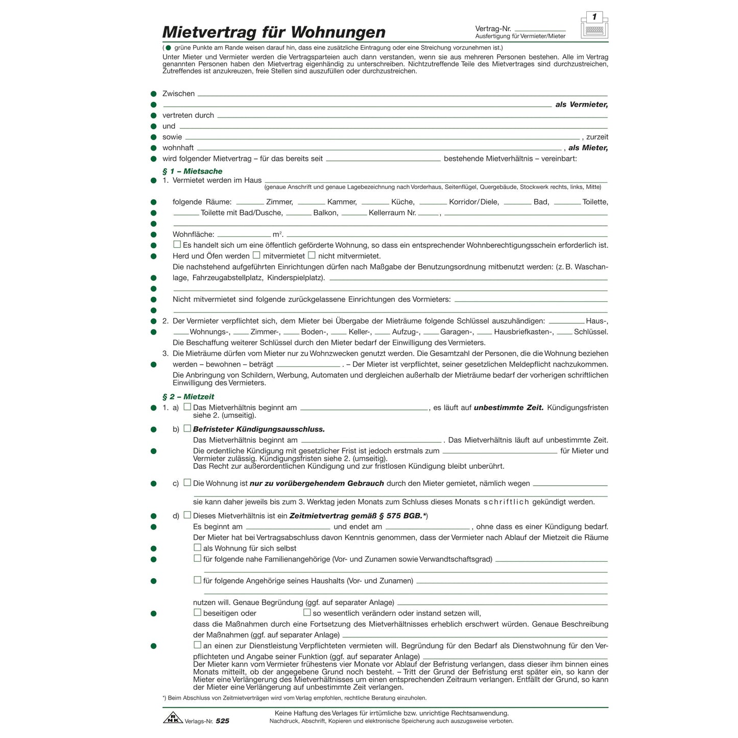 RNK Verlag Mietvertrag DIN A4 nicht selbstdurchschreibend 4 Bl.