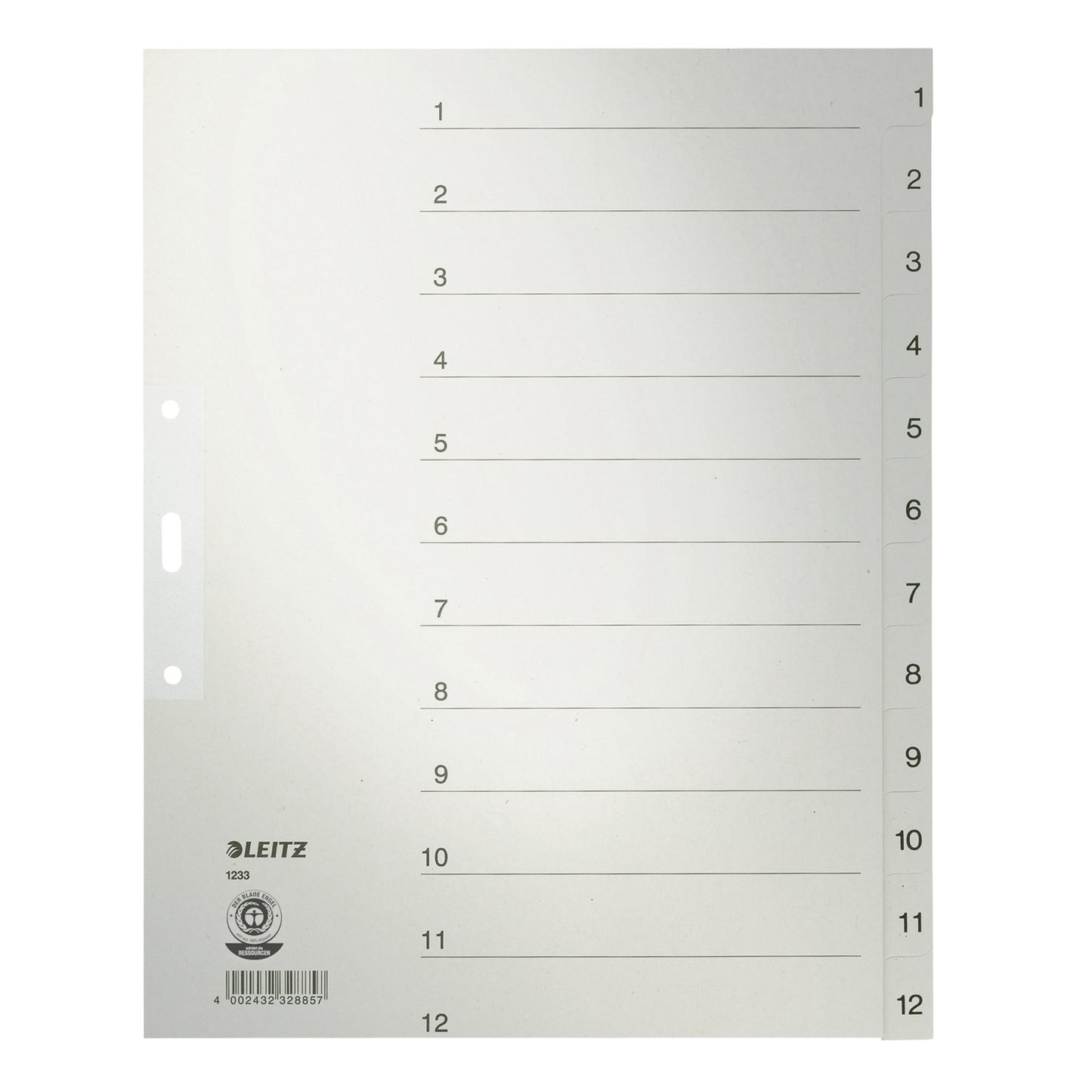 Leitz Zahlenregister DIN A4, Überbreite 100g/m² 1-12 Tauenpapier, 100 % recycelt grau