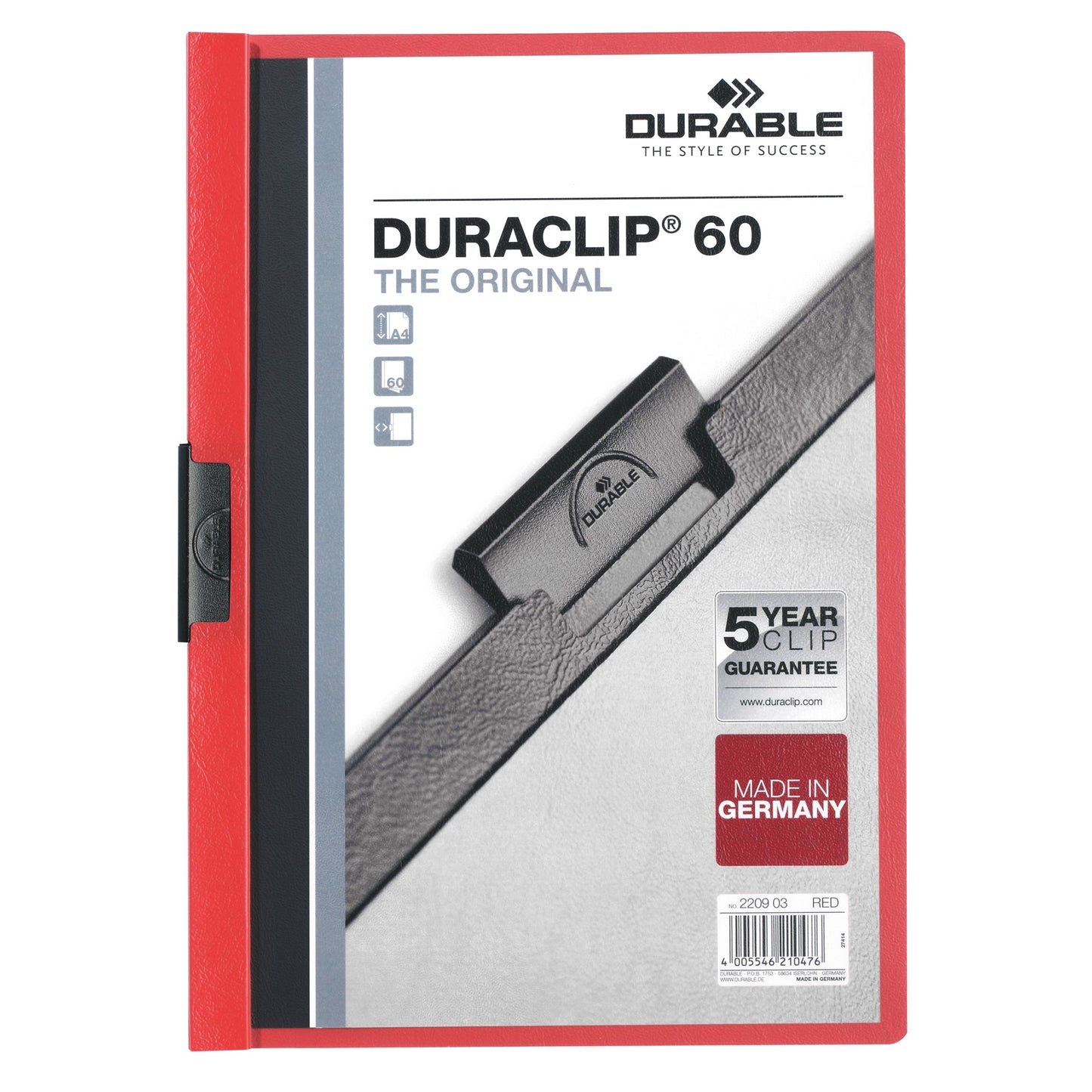 DURABLE Klemmmappe DURACLIP® 60 DIN A4 Hartfolie Farbe der Rückseite: rot Farbe der Klemme: schwarz