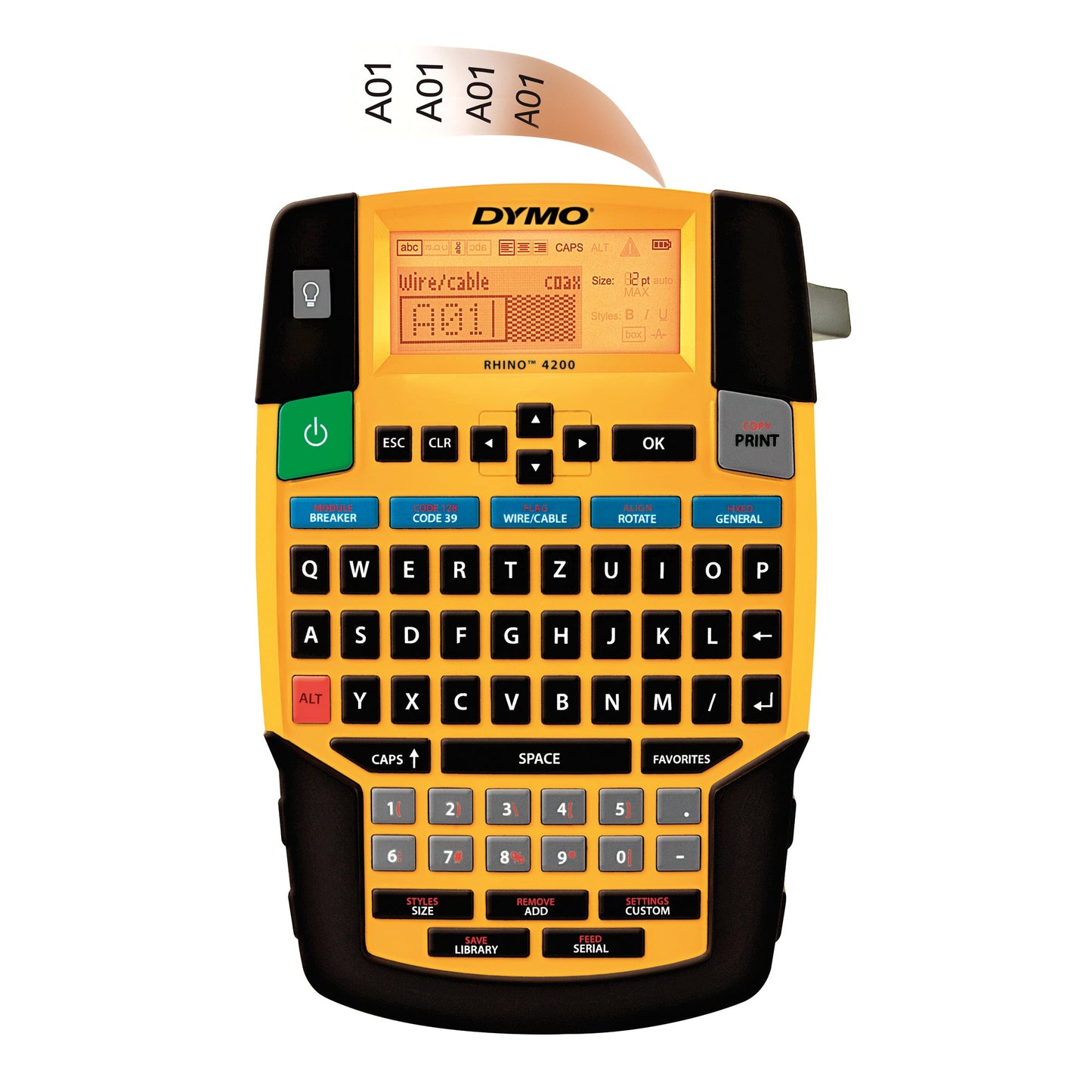 DYMO® Beschriftungsgerät RhinoT 4200 4 Display-Zeilen 7 Schriftgrößen 4 Druckzeilen inkl. Vinylband (12 mm, schwarz auf weiß), Kurzanleitung
