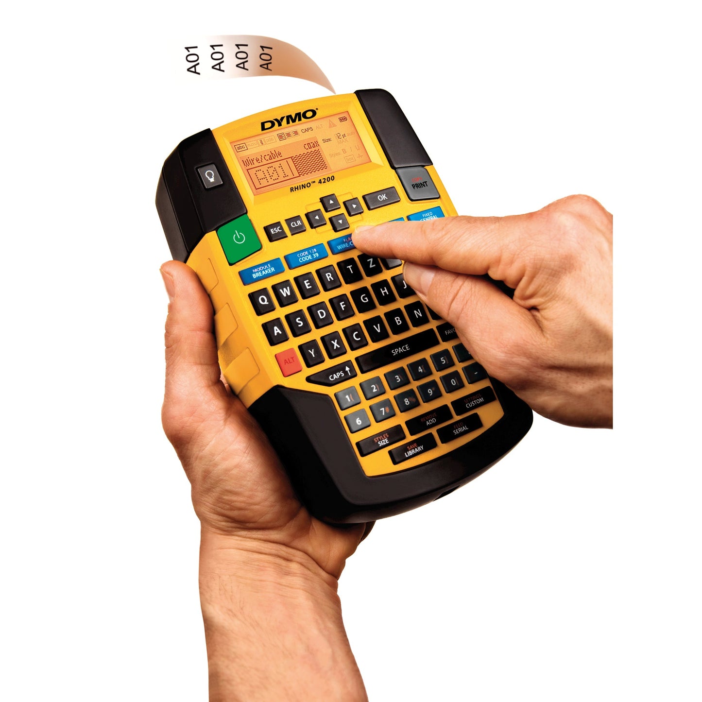 DYMO® Beschriftungsgerät RhinoT 4200 4 Display-Zeilen 7 Schriftgrößen 4 Druckzeilen inkl. Vinylband (12 mm, weiß), Kurzanleitung, Netzadapter (S0721440), Akku Li-Ion (S0895840)