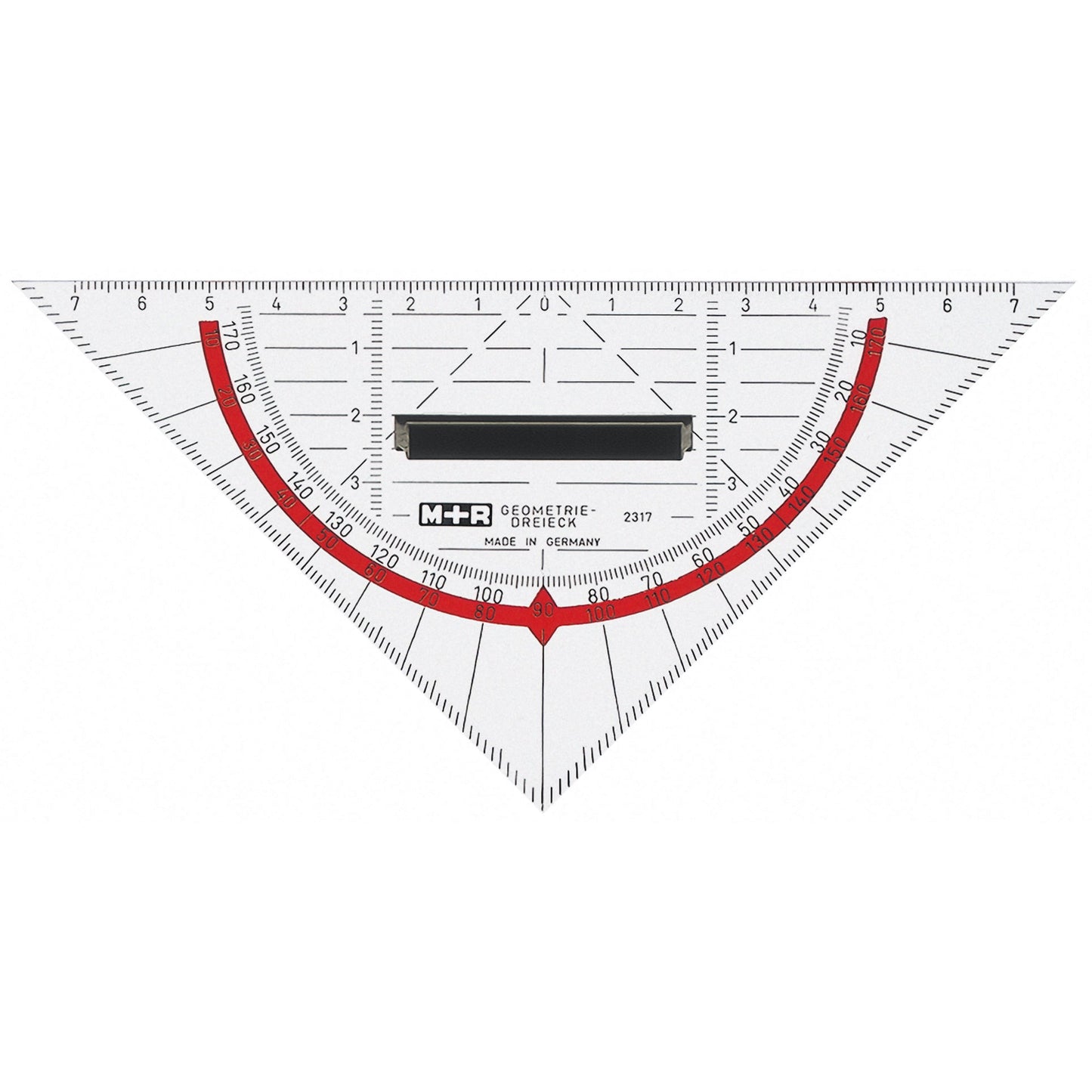 M+R Geometriedreieck 16cm mit farbig hinterlegten Winkelgraden unterseitig mit Griff Acrylglas glasklar/rot