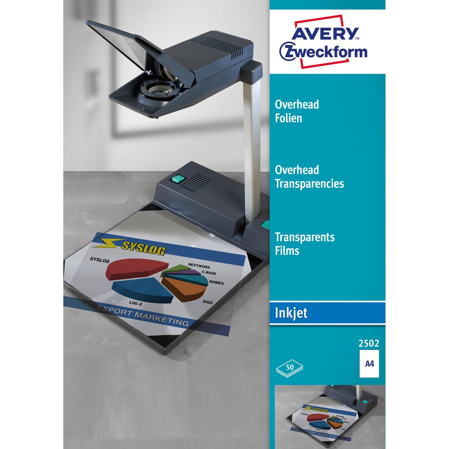 Avery Zweckform OHP Inkjetfolie DIN A4 110µm stapelverarbeitbar transparent 50 Folien/Pack.