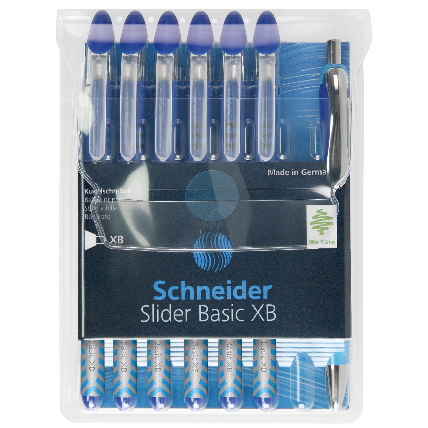 Schneider Kugelschreiber Slider Basic 0,7mm blau Mine nicht auswechselbar nicht dokumentenecht inkl. Schneider Druckkugelschreiber Slider Rave blau Schaftfarbe: transparent 6 St./Pack.