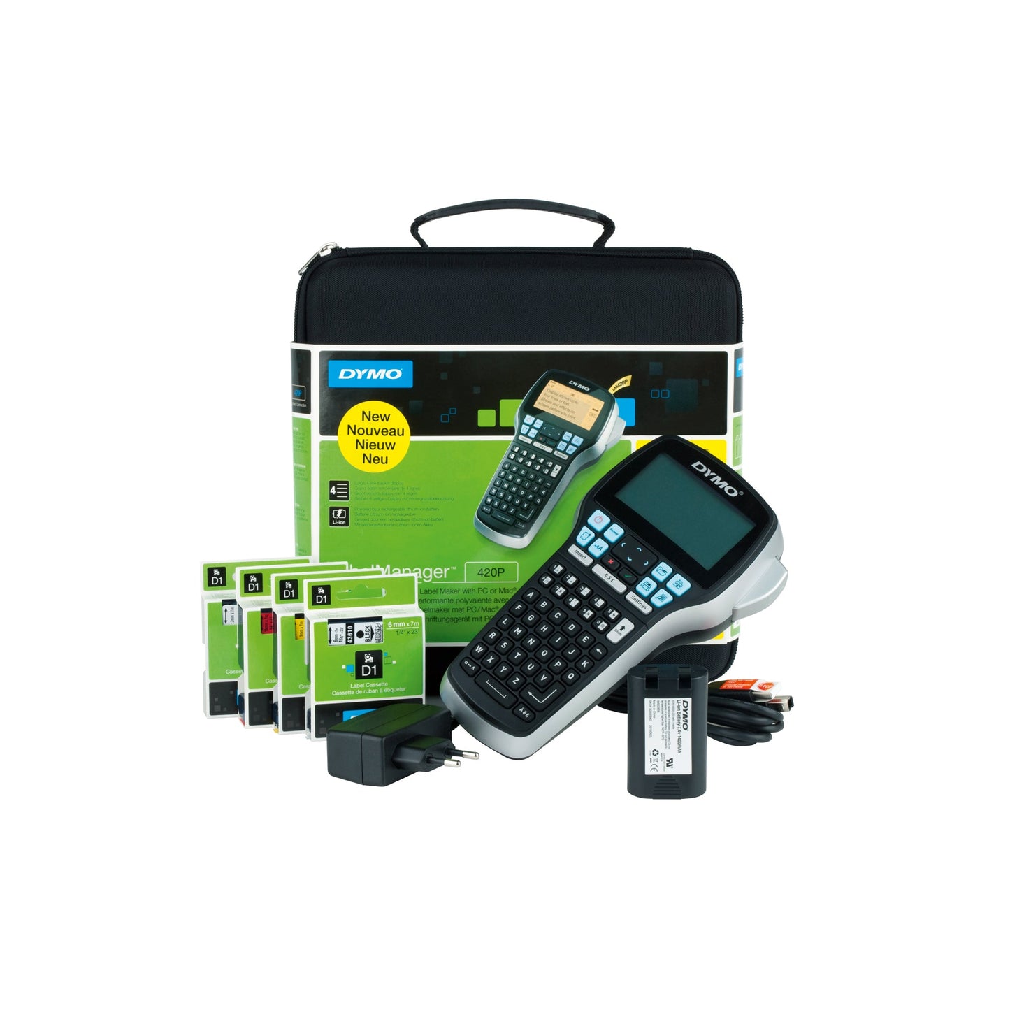 DYMO® Beschriftungsgerät LabelManagerT 420P 4 Display-Zeilen 7 Schriftgrößen 4 Druckzeilen inkl. D1-Starter-Schriftbandkassette, USB-Kabel, Akku, Netzteil
