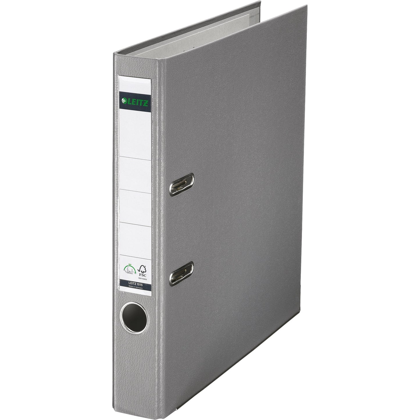 Leitz Ordner 52mm DIN A4 Rückenschild: einsteckbar mit Schlitzen Werkstoff: Graupappe, recycelt Material außen: Polypropylenfolie Material innen: Papier, PE beschichtet grau