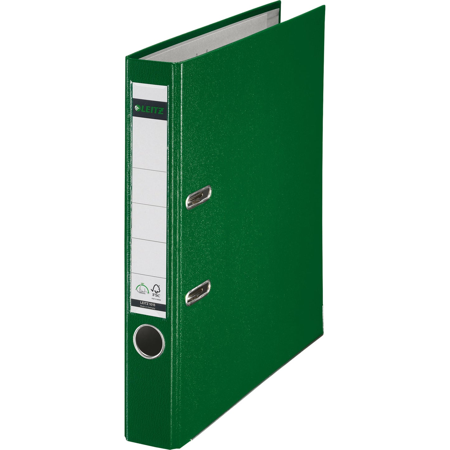 Leitz Ordner 52mm DIN A4 Rückenschild: einsteckbar mit Schlitzen Werkstoff: Graupappe, recycelt Material außen: Polypropylenfolie Material innen: Papier, PE beschichtet grün