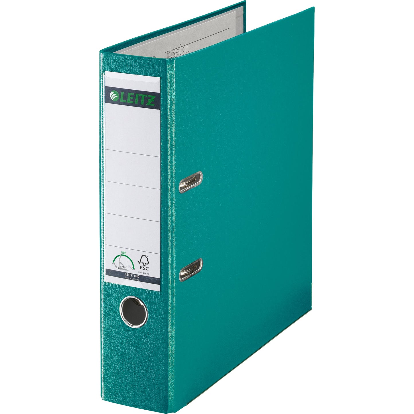 Leitz Ordner 80mm DIN A4 Rückenschild: einsteckbar mit Schlitzen Werkstoff: Graupappe, recycelt Material außen: Polypropylenfolie Material innen: Papier, PE beschichtet türkis