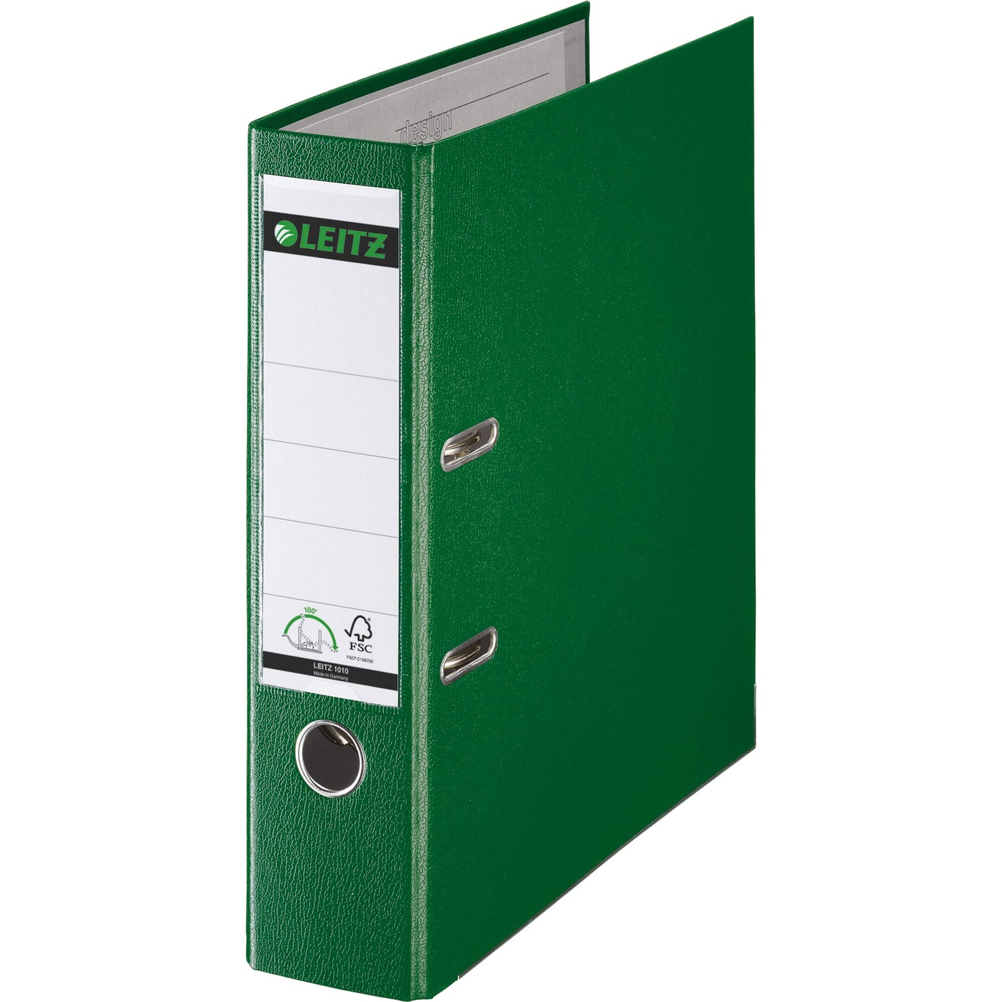 Leitz Ordner 80mm DIN A4 Rückenschild: einsteckbar mit Schlitzen Werkstoff: Graupappe, recycelt Material außen: Polypropylenfolie Material innen: Papier, PE beschichtet grün