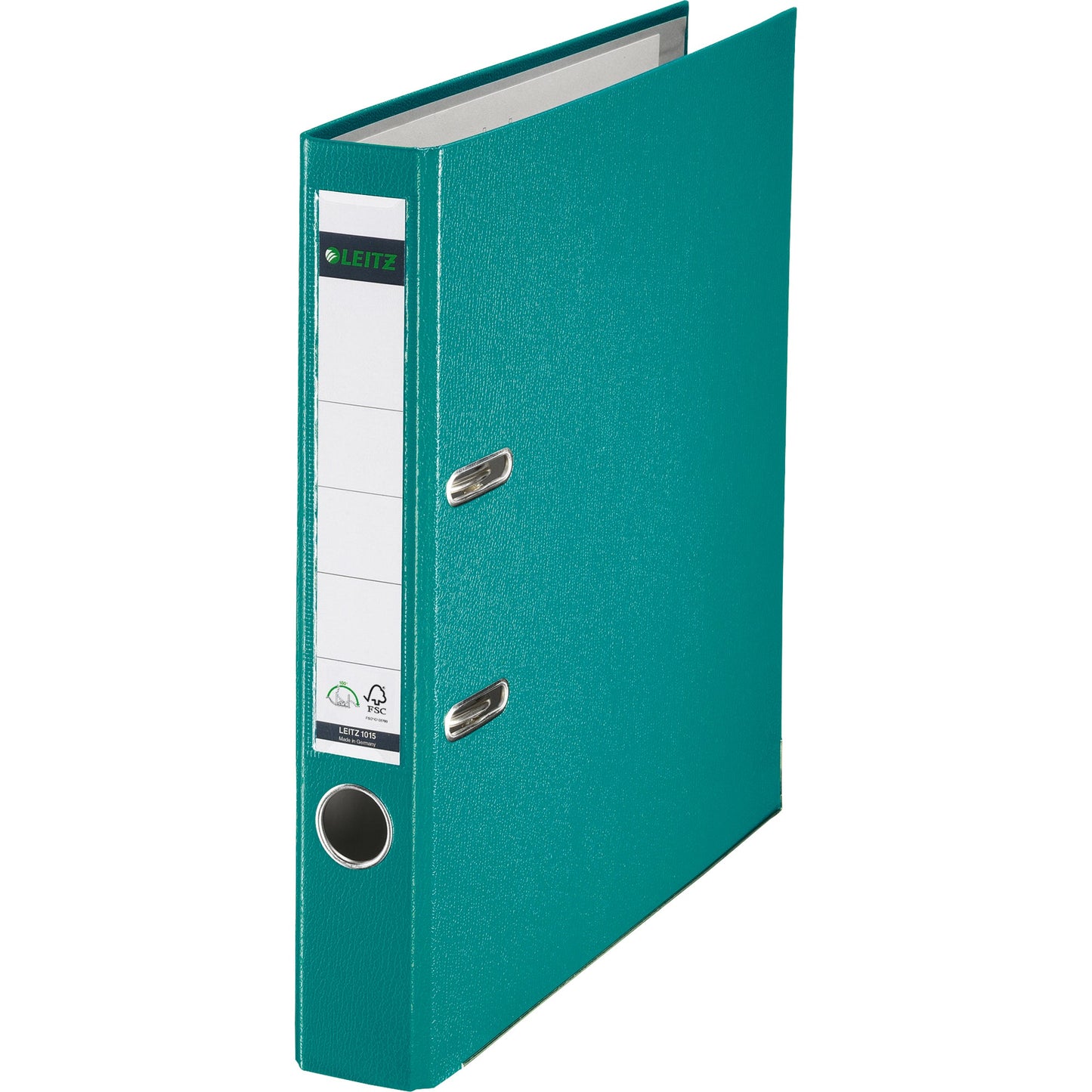 Leitz Ordner 52mm DIN A4 Rückenschild: einsteckbar mit Schlitzen Werkstoff: Graupappe, recycelt Material außen: Polypropylenfolie Material innen: Papier, PE beschichtet türkis