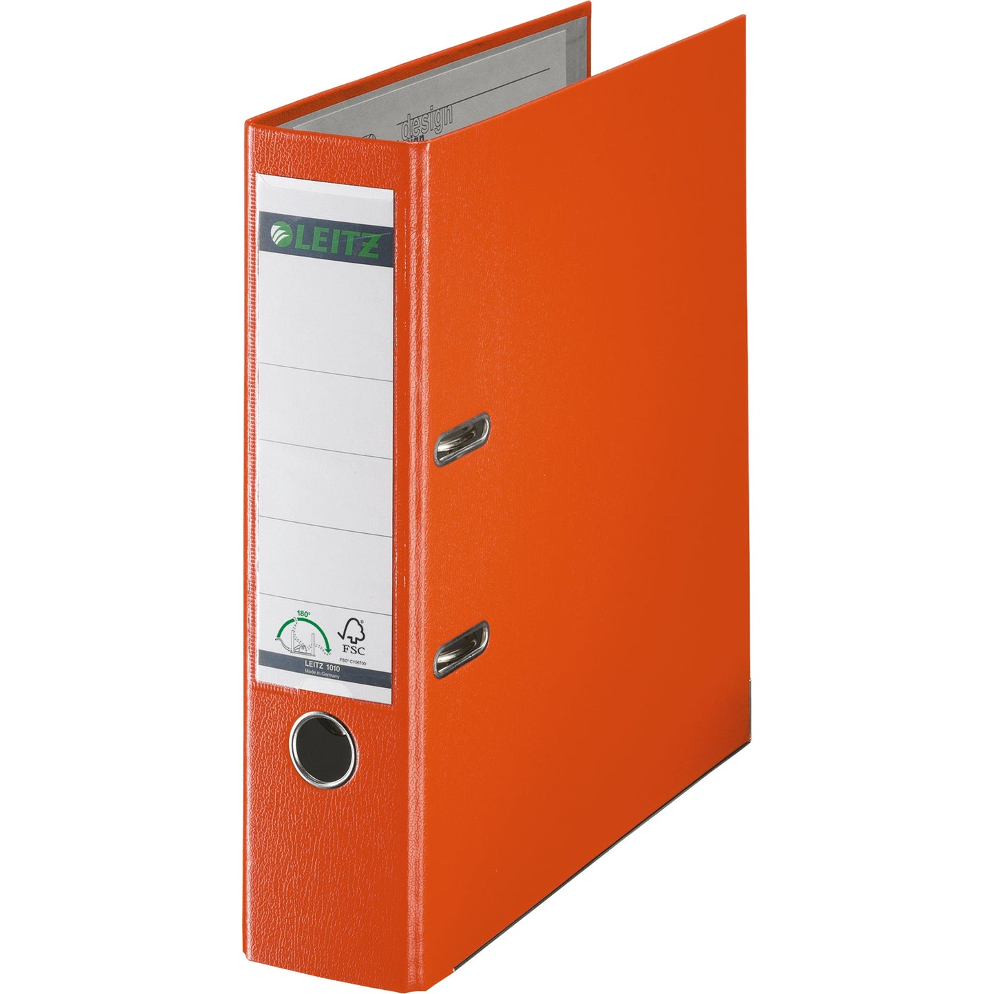 Leitz Ordner 80mm DIN A4 Rückenschild: einsteckbar mit Schlitzen Werkstoff: Graupappe, recycelt Material außen: Polypropylenfolie Material innen: Papier, PE beschichtet orange