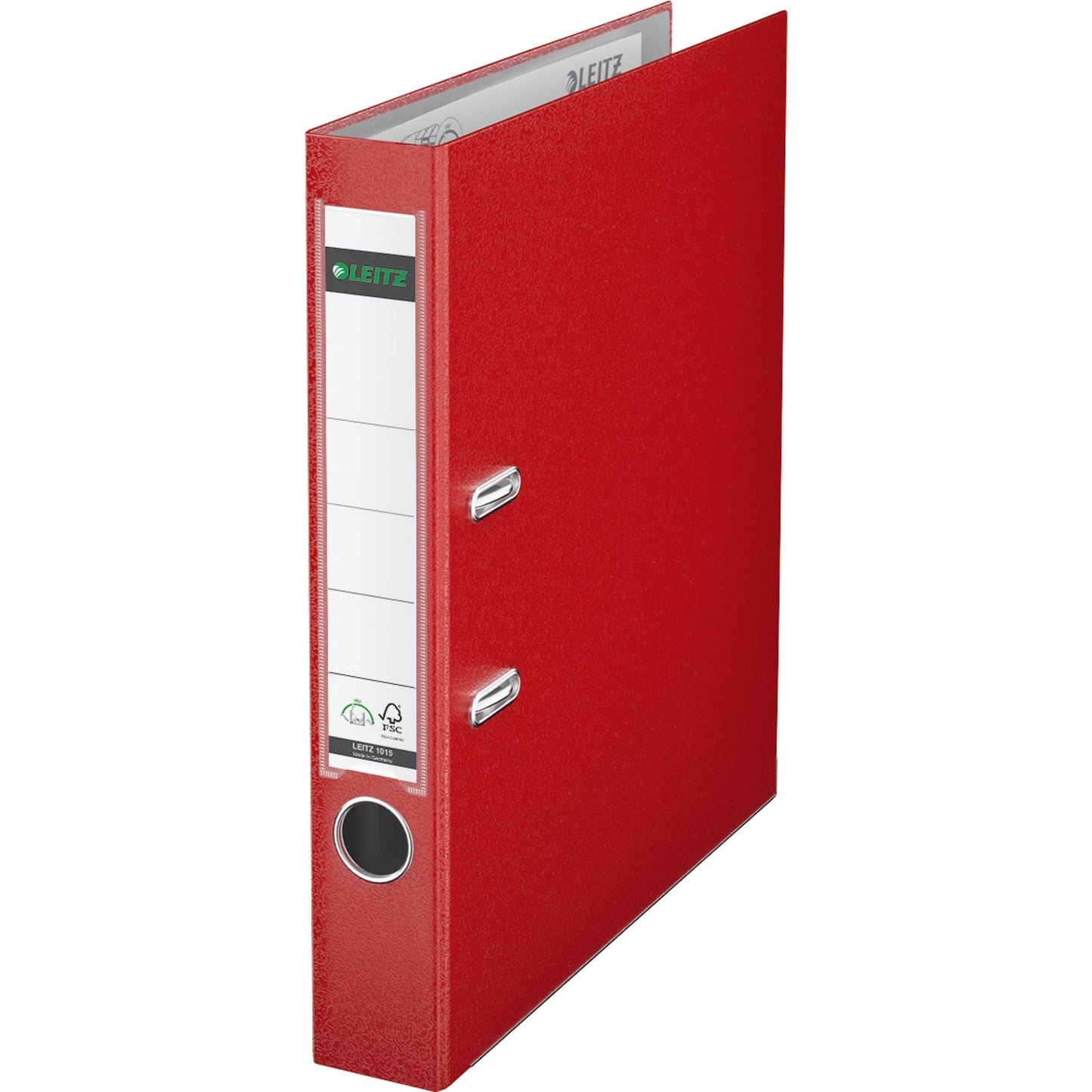 Leitz Ordner 52mm DIN A4 Rückenschild: einsteckbar mit Schlitzen Werkstoff: Graupappe, recycelt Material außen: Polypropylenfolie Material innen: Papier, PE beschichtet rot