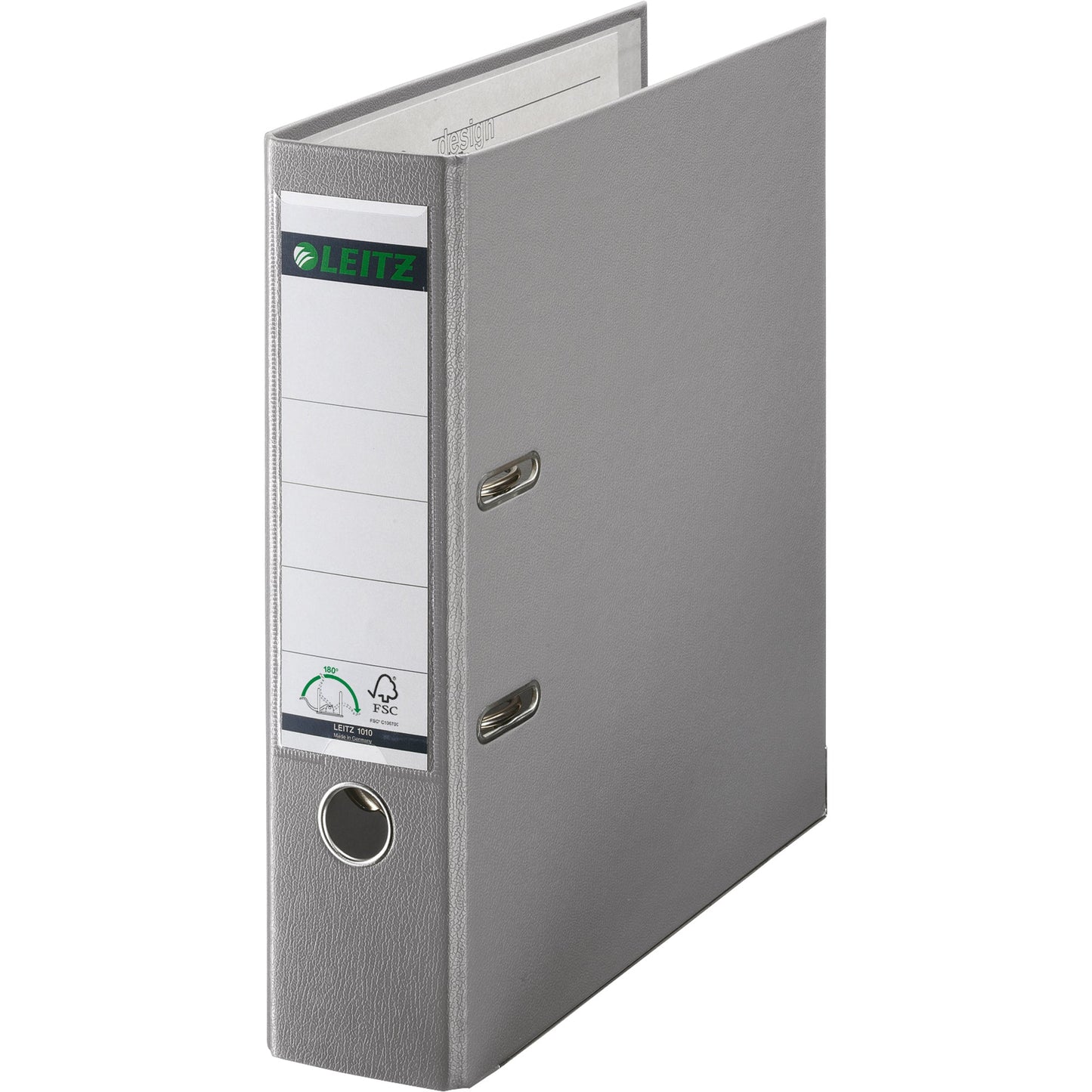 Leitz Ordner 80mm DIN A4 Rückenschild: einsteckbar mit Schlitzen Werkstoff: Graupappe, recycelt Material außen: Polypropylenfolie Material innen: Papier, PE beschichtet grau