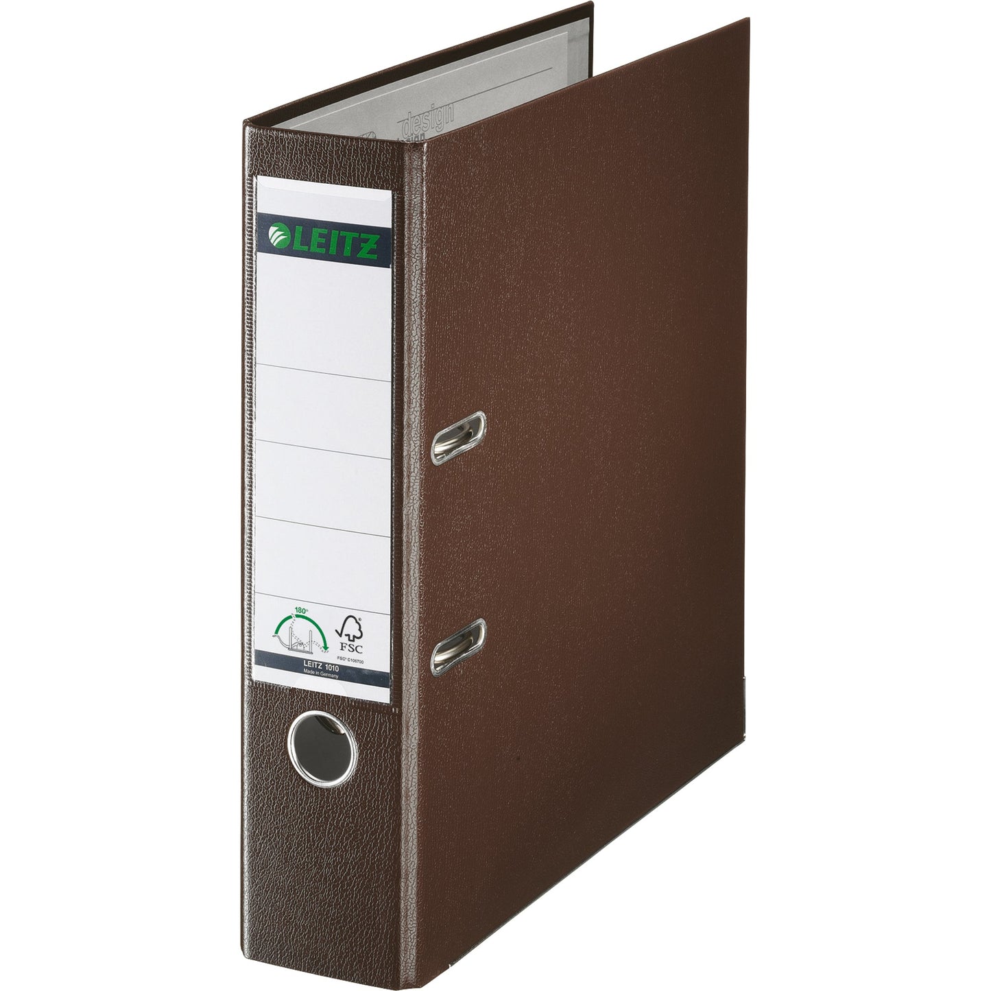Leitz Ordner 80mm DIN A4 Rückenschild: einsteckbar mit Schlitzen Werkstoff: Graupappe, recycelt Material außen: Polypropylenfolie Material innen: Papier, PE beschichtet braun