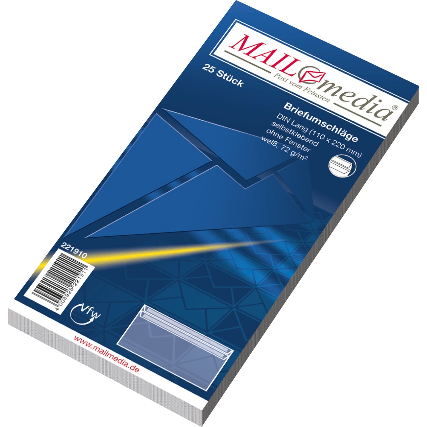MAILmedia Briefumschlag DIN lang 220 x 110 mm (B x H) mit Selbstklebung ohne Fenster 75g/m² weiß 25 St./Pack.