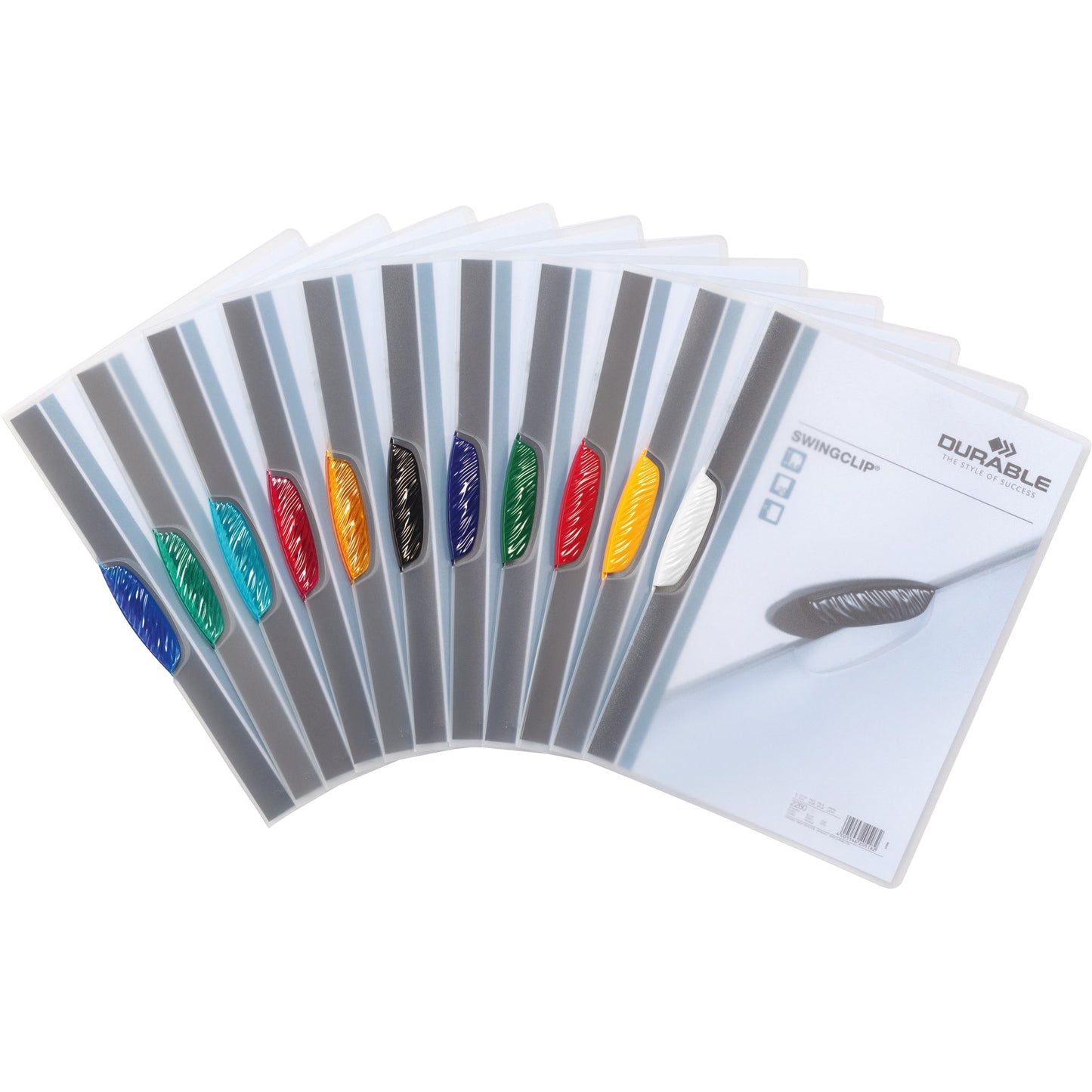 DURABLE Klemmmappe SWINGCLIP® DIN A4 Polypropylen Farbe der Rückseite: transparent Farbe der Klemme: je 5 x rot, gelb, grün, dunkelblau, schwarz 25 St./Pack.