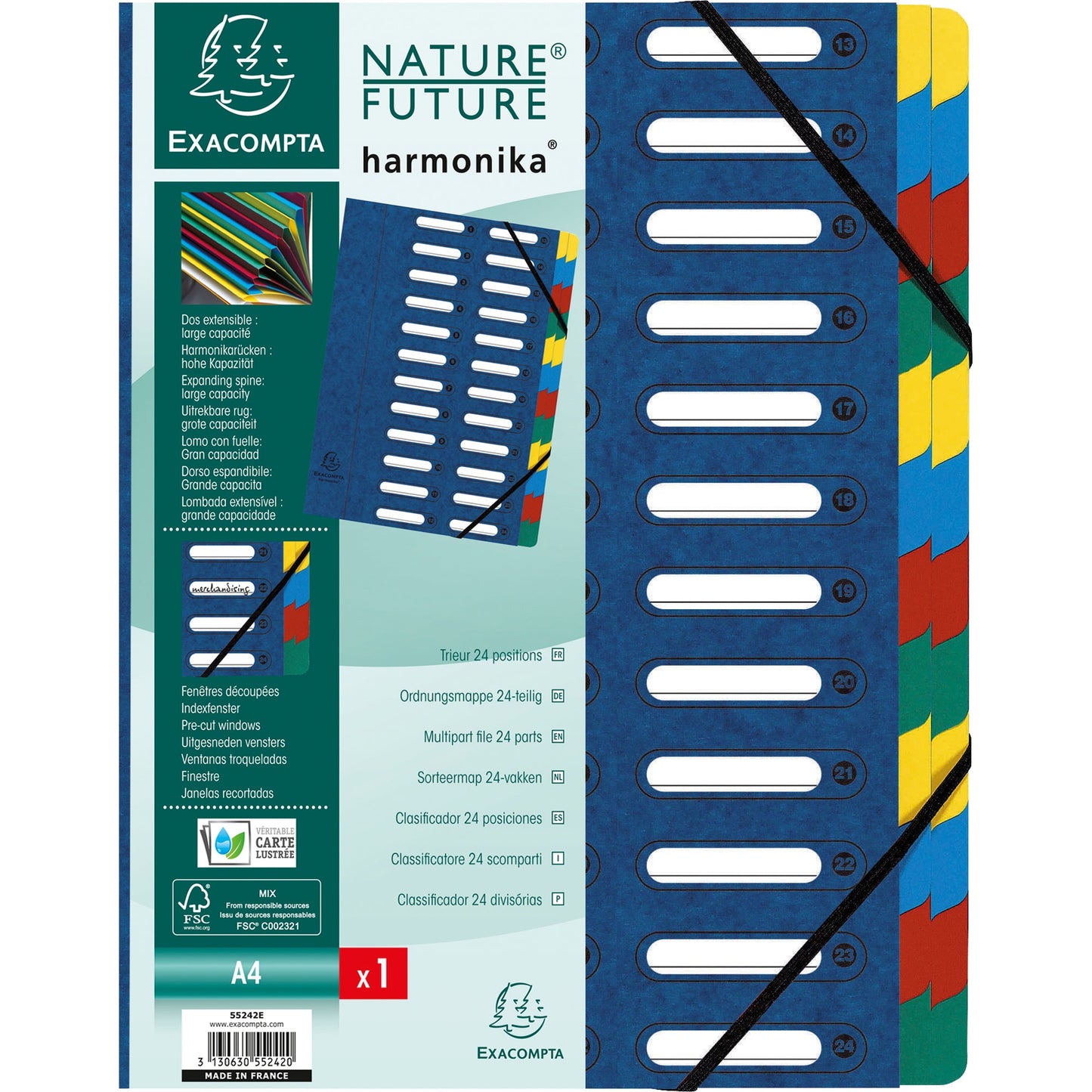 Exacompta Ordnungsmappe Harmonika® DIN A4 225g/m² Colorspankarton Farbe: blau Farbe des Fächerblocks: mehrfarbig 24 Fächer