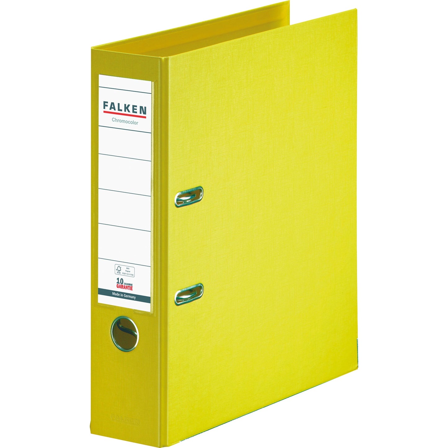 Falken Ordner Chromocolor 80mm DIN A4 Rückenschild: einsteckbar mit Schlitzen Werkstoff: Pappe Material außen: Polypropylen Material innen: Polypropylen gelb