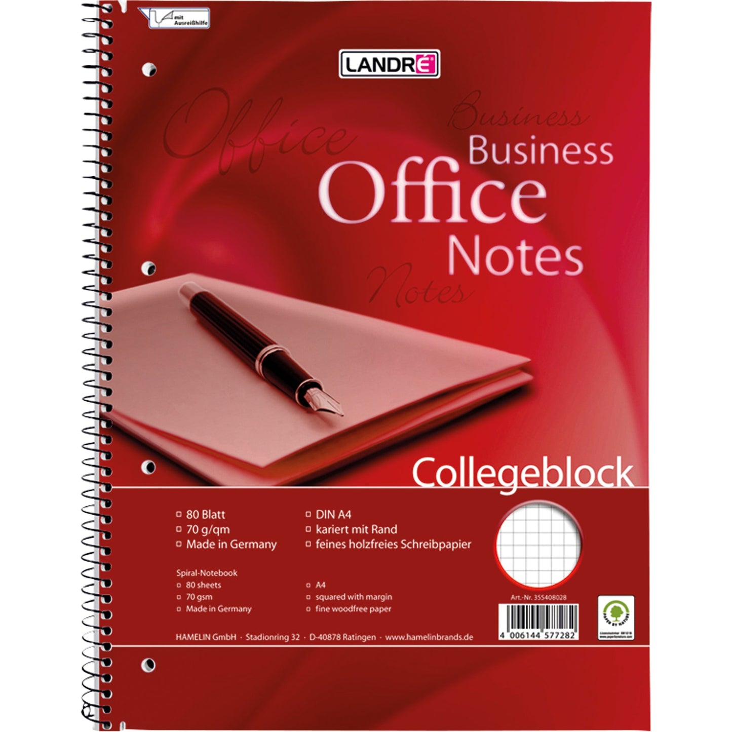 Landré Collegeblock Business Office Notes DIN A4+ kariert mit Rand 70g/m² 80 Bl.