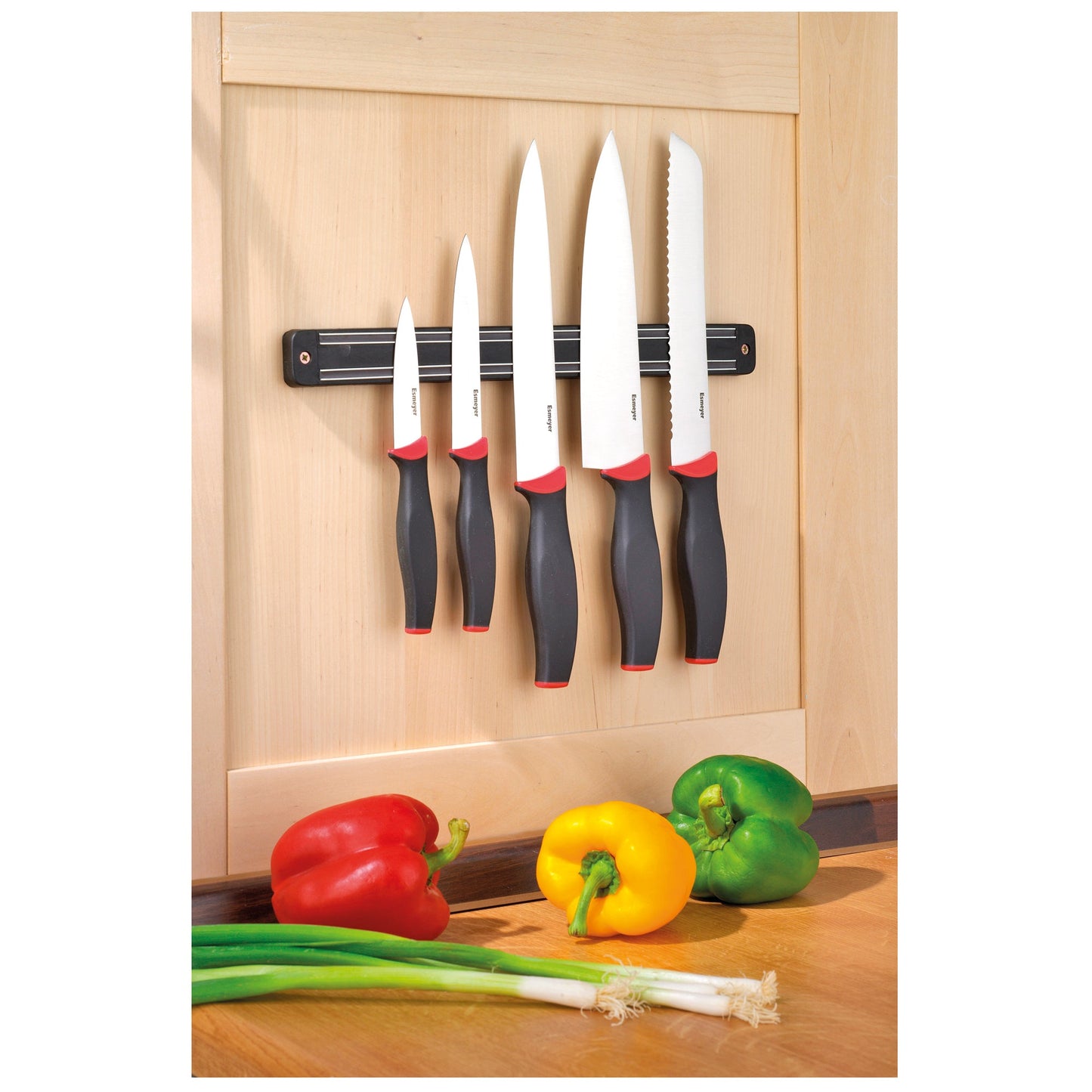 Esmeyer® Messerset AUREA je 1 x Chefmesser, Brotmesser, Fleischmesser, Universalmesser, Gemüsemesser, magnetische Hängeleiste 33 x 3 x 1,5 cm (B x H x T) Edelstahl schwarz/rot 5 St./Pack.