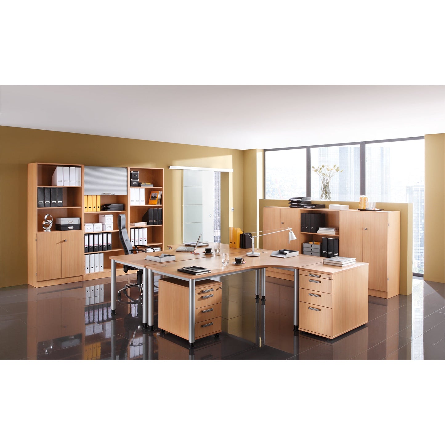 Hammerbacher Schreibtisch Maße: 2.000 x 630-1.270 x 1.200 mm (B x H x T) Spanplatte buche
