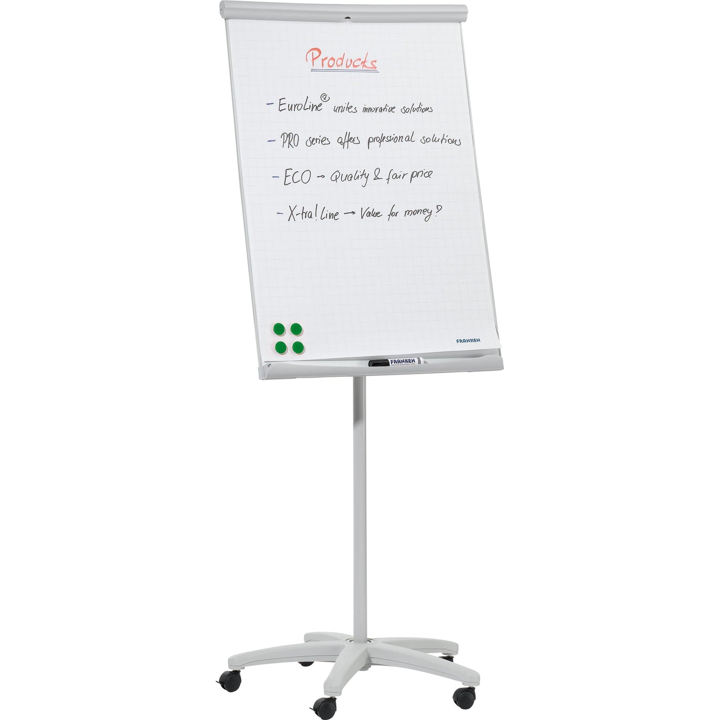 FRANKEN Mobiles Flipchart U-Act! Line® mit Ablageschale Sternfuß mit 5 Rollen Stahl hellgrau