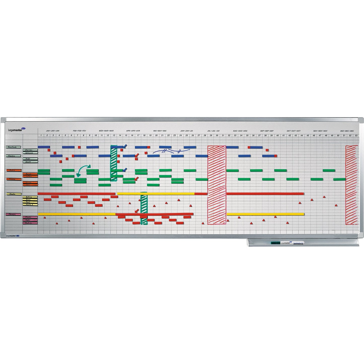 Legamaster Jahresplaner PROFESSIONAL 150 x 50 cm (B x H) 5-Tage-Woche 30 Mitarbeiter/Projekte inkl. Datumstreifenset 2 (7-404100), Boardmarker Aluminium weiß