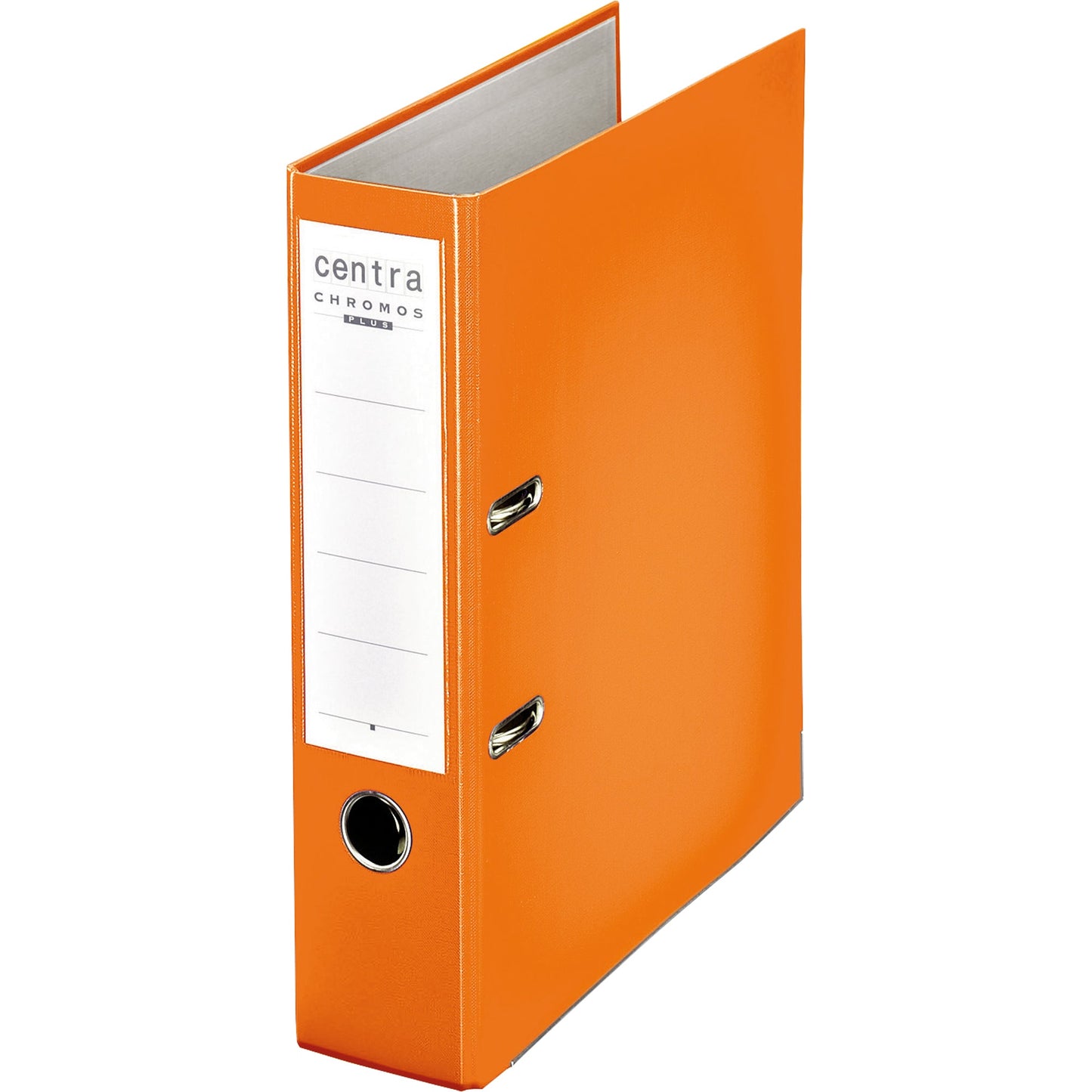 Centra Ordner Chromos 80mm DIN A4 Rückenschild: einsteckbar mit Schlitzen Werkstoff: Kunststoff Material außen: Plastik Material innen: Papier orange