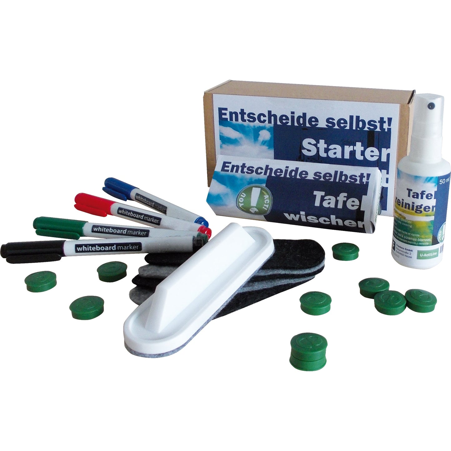 FRANKEN Starterset Magnettafel U-Act! Line® 4 Tafelschreiber, Reinigungsmittel 50 ml, magnetischer Tafelwischer mit 5 Bl. Ersatzfilz, 10 Magnete Ø 20 mm (grün)