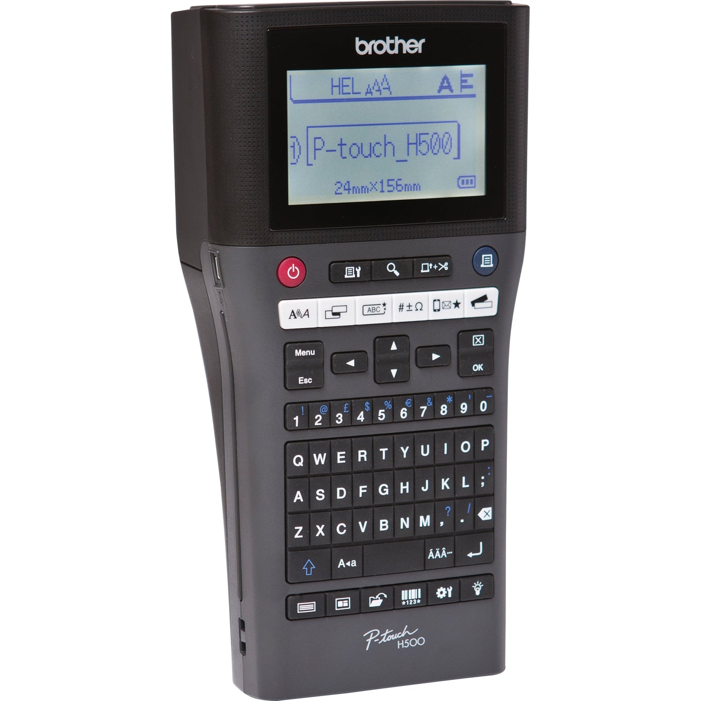 Brother Beschriftungsgerät PT-H500 9 Schriftgrößen 7 Druckzeilen inkl. TZe-Schriftband (24 mm x 4 m, schwarz auf weiß), USB-Kabel, Trageschlaufe