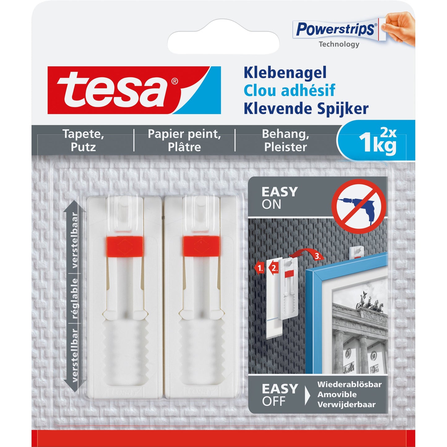 tesa® Klebenagel Tapete, Putz 2 x 1kg inkl. drei Klebestreifen weiß 2 St./Pack.