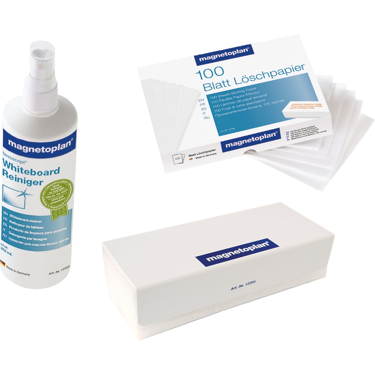 magnetoplan® Tafelreinigungsset inkl. 1 Tafellöscher, magnethaftend, 100 Bl. Löschpapier, 1 Tafelreiniger 250 ml